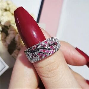 Pink Pavé Crystal Vine Cocktail Ring Silver-Tone Statement Y2K Glam